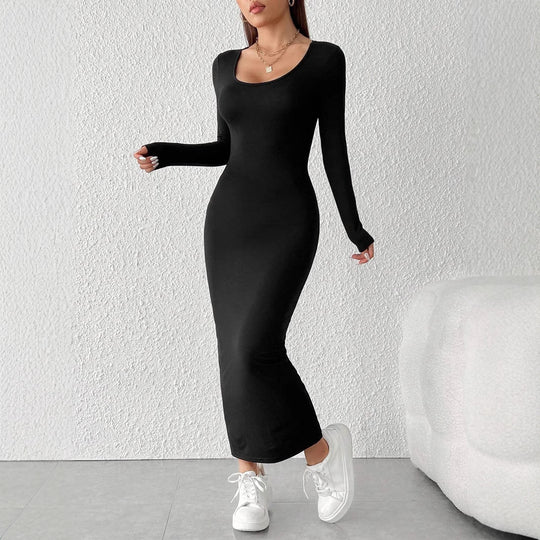 Damen figurbetontes langärmeliges Maxikleid mit tiefem Rundhalsausschnitt formendem Stretch-Jersey und knöchellanger Silhouette Shop Nory