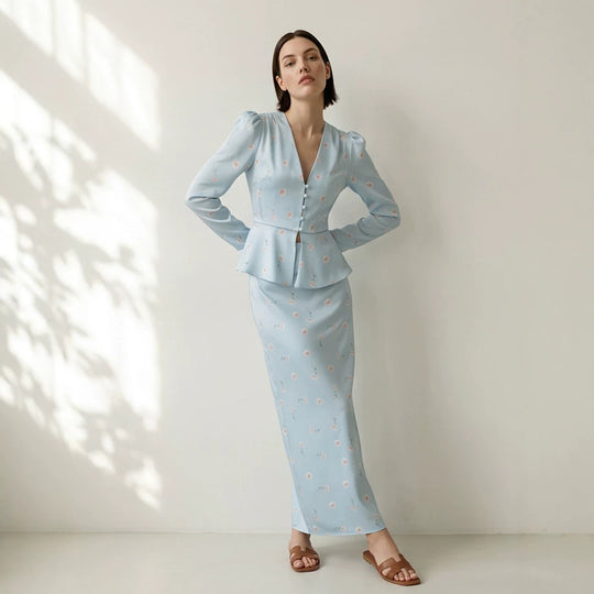 Damen Zweiteiliges tailliertes Blusen- und Maxirock-Set mit V-Ausschnitt und Knopfdetails Shop Nory