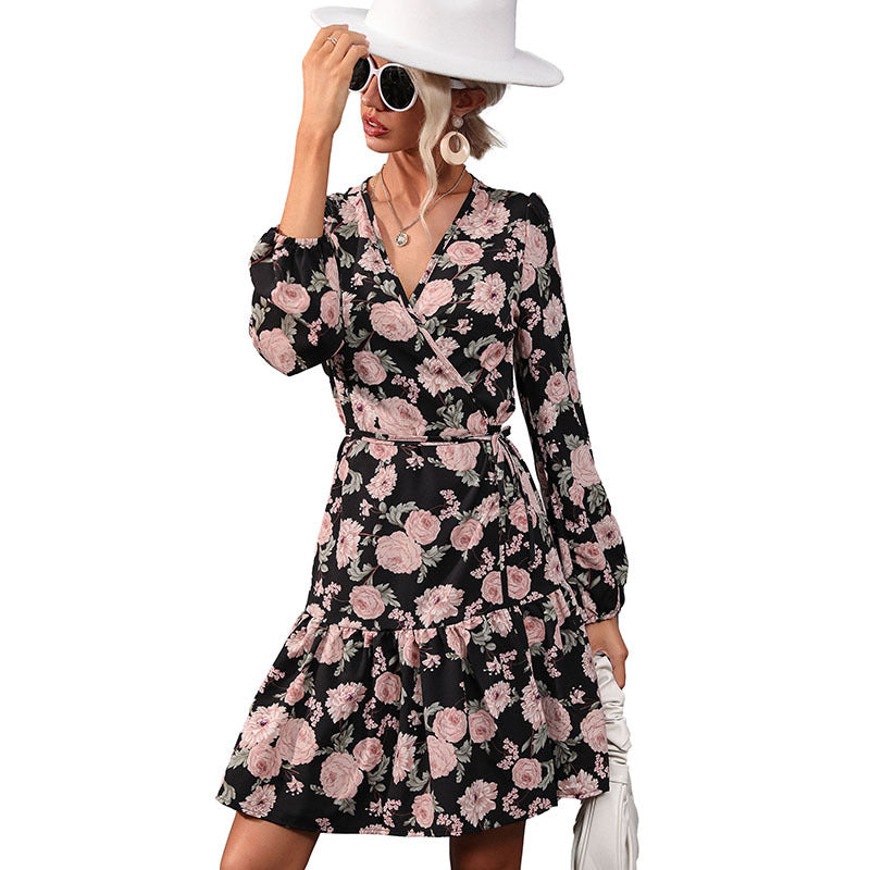 Damen Florales Wickel-Minikleid mit taillierter Schärpe und hohem Beinschlitz Shop Nory