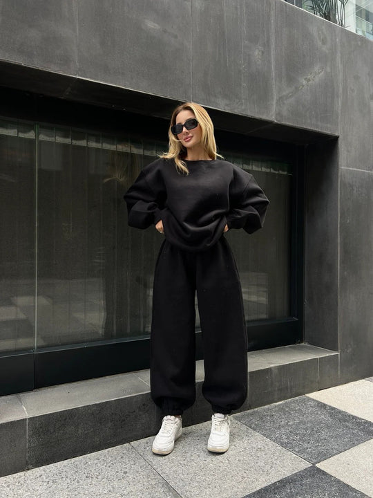 Damen Sportlicher Oversized Kapuzenpullover und Freizeithose Set Shop Nory