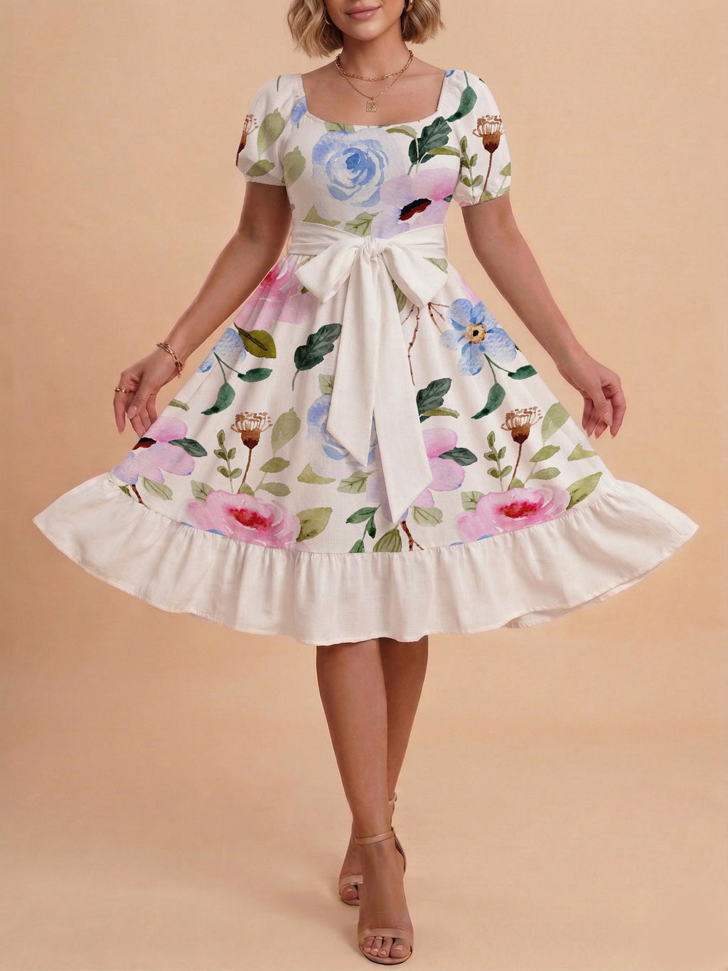 Damen Sommerliches Blumenkleid mit taillierbarem Gürtel und voluminösen Ärmeln