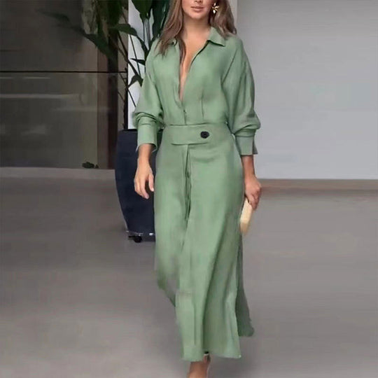 Damen Leinen-Maxikleid mit Hemdkragen, Taillengürtel und seitlichen Beinschlitzen Shop Nory