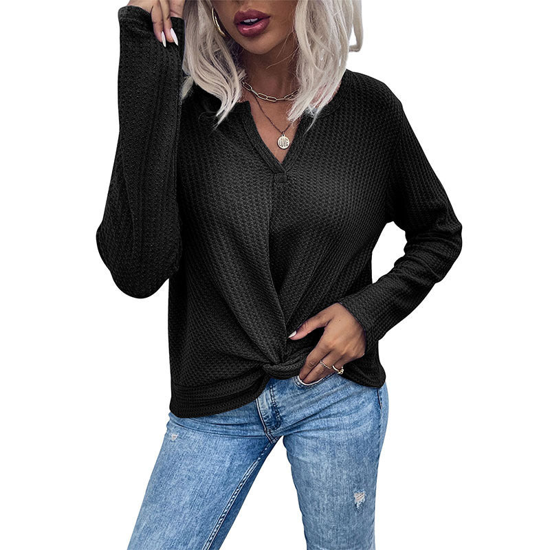 Damen Waffelstrick-Longsleeve mit V‑Ausschnitt und Knotenfront Shop Nory