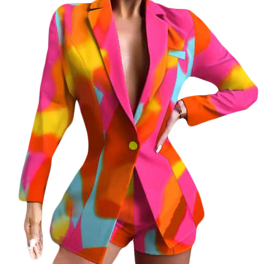 Damen Modischer Blazer mit kurzen Hosen und auffälligem Farbdesign
