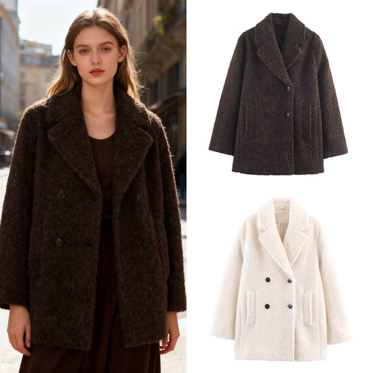 Damen Doppelreihiger Teddy-Mantel mit Schalkragen und aufgesetzten Taschen Shop Nory