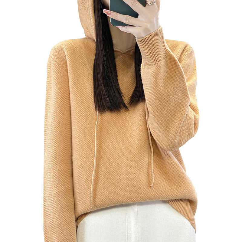 Damen weicher Feinstrick‑Kapuzensweater mit melierter Struktur und gerippten Bündchen Shop Nory