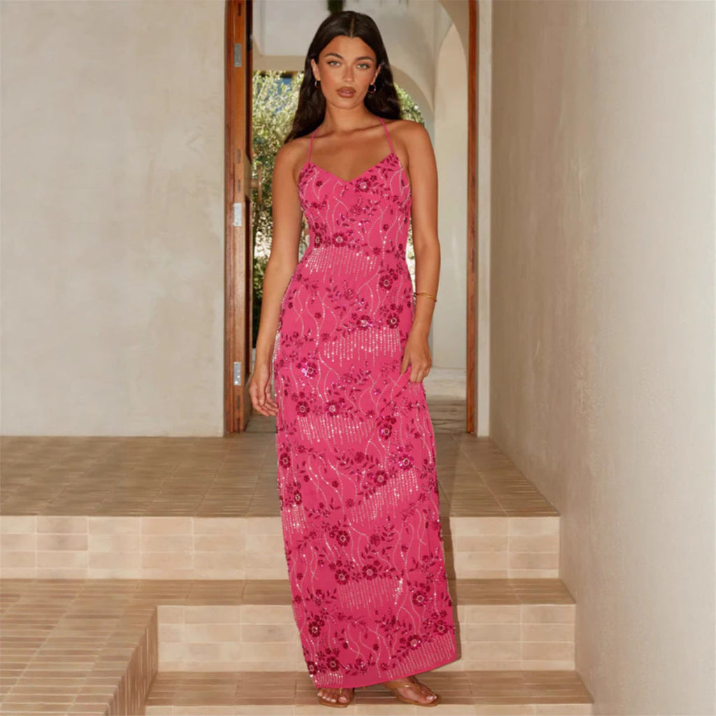 Damen Elegantes Maxikleid mit verführerischem V-Ausschnitt und funkelnden Applikationen Shopnory