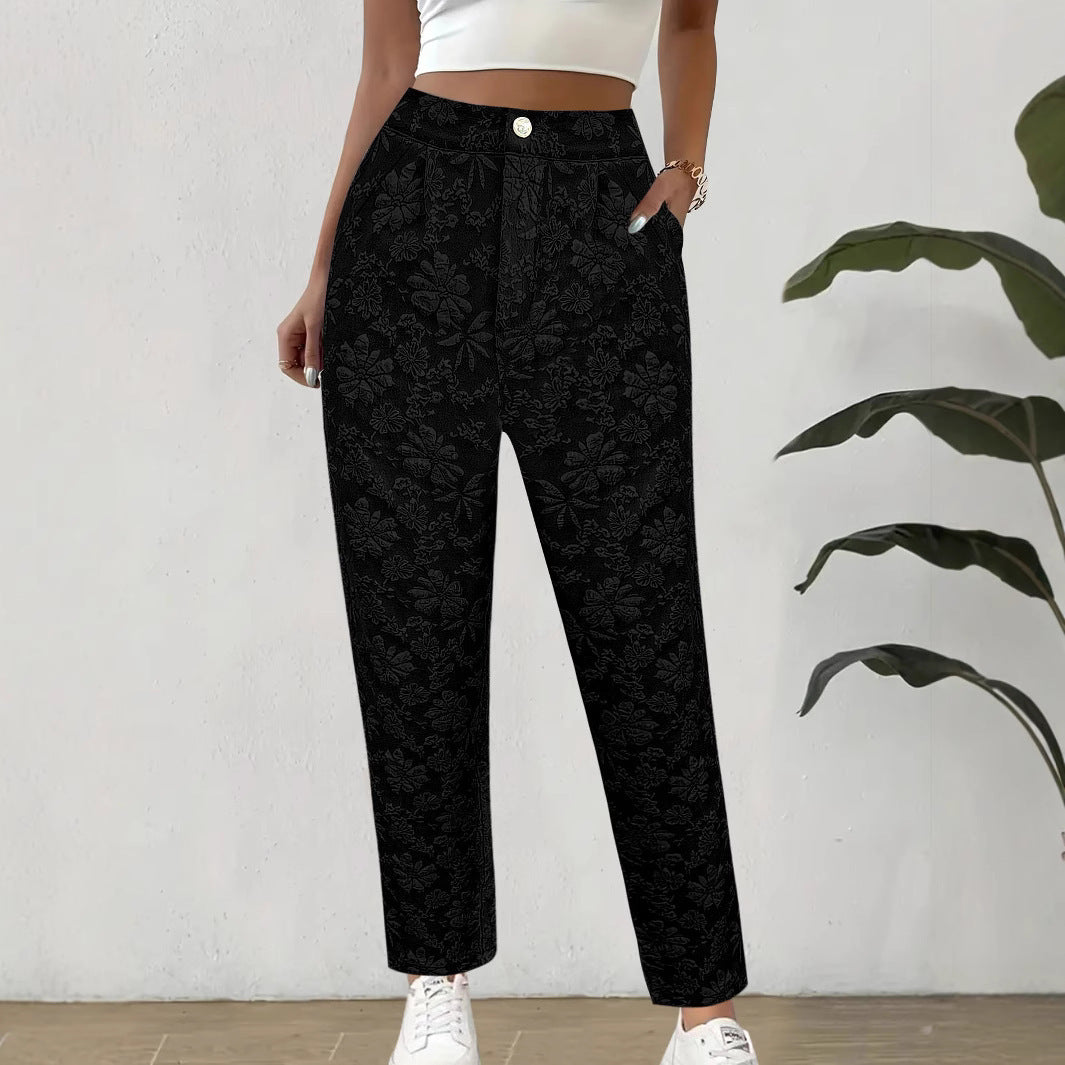 Damen Hochtaillierte Bundfalten‑Hose mit floralem Jacquard und geradem Bein Shop Nory
