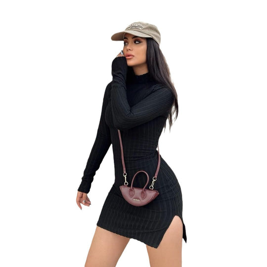 Damen Enganliegendes Rippstrick-Minikleid mit Rollkragen und langen Ärmeln Shop Nory