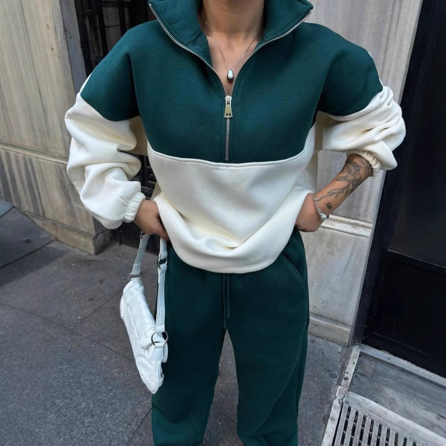 Damen Oversized Zweifarbiges Half-Zip Loungewear-Set mit Stehkragen und weitem Palazzo-Jogger Shop Nory