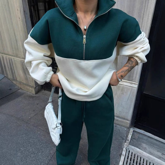 Damen Oversized Zweifarbiges Half-Zip Loungewear-Set mit Stehkragen und weitem Palazzo-Jogger Shop Nory