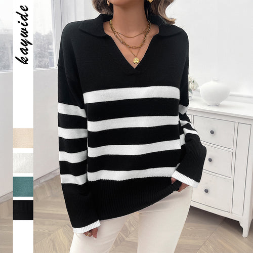 Damen nan lässiger V‑Ausschnitt Strickpullover mit Polokragen, gerippten Ärmelsäumen und markanten Blockstreifen Shop Nory