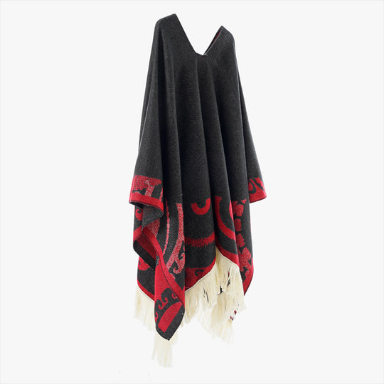 Damen Wollmix-Medallionponcho mit V-Ausschnitt und Fransensaum Shop Nory