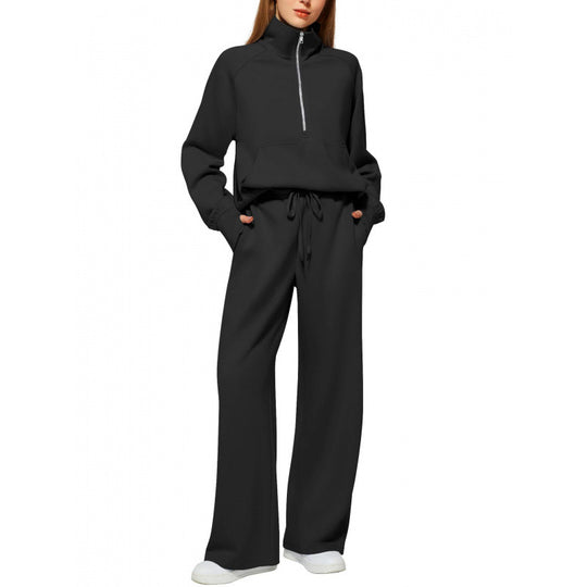 Damen Zweiteiliges Lounge-Set mit Halbreißverschluss, Stehkragen und weiter Palazzohose Shop Nory