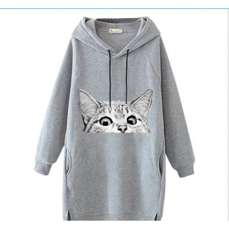 Damen Oversize Kapuzenkleid aus Sweat mit großem Katzenprint und Seitentaschen Shop Nory