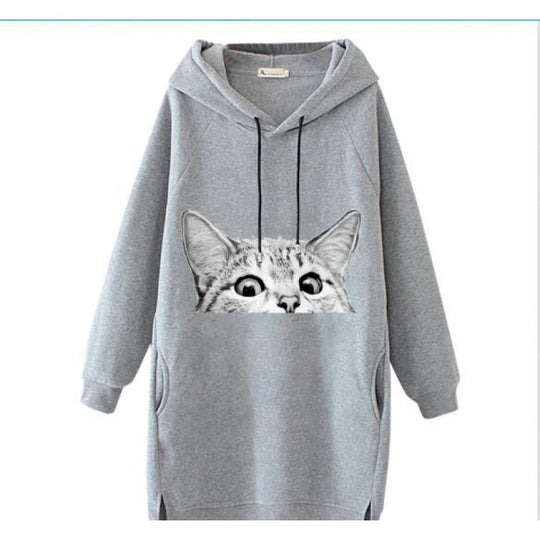 Damen Oversize Kapuzenkleid aus Sweat mit großem Katzenprint und Seitentaschen Shop Nory