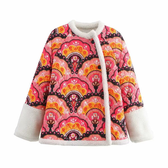 Damen gesteppte Jacke mit Teddyfutter und retro-inspiriertem Allover-Print Shop Nory