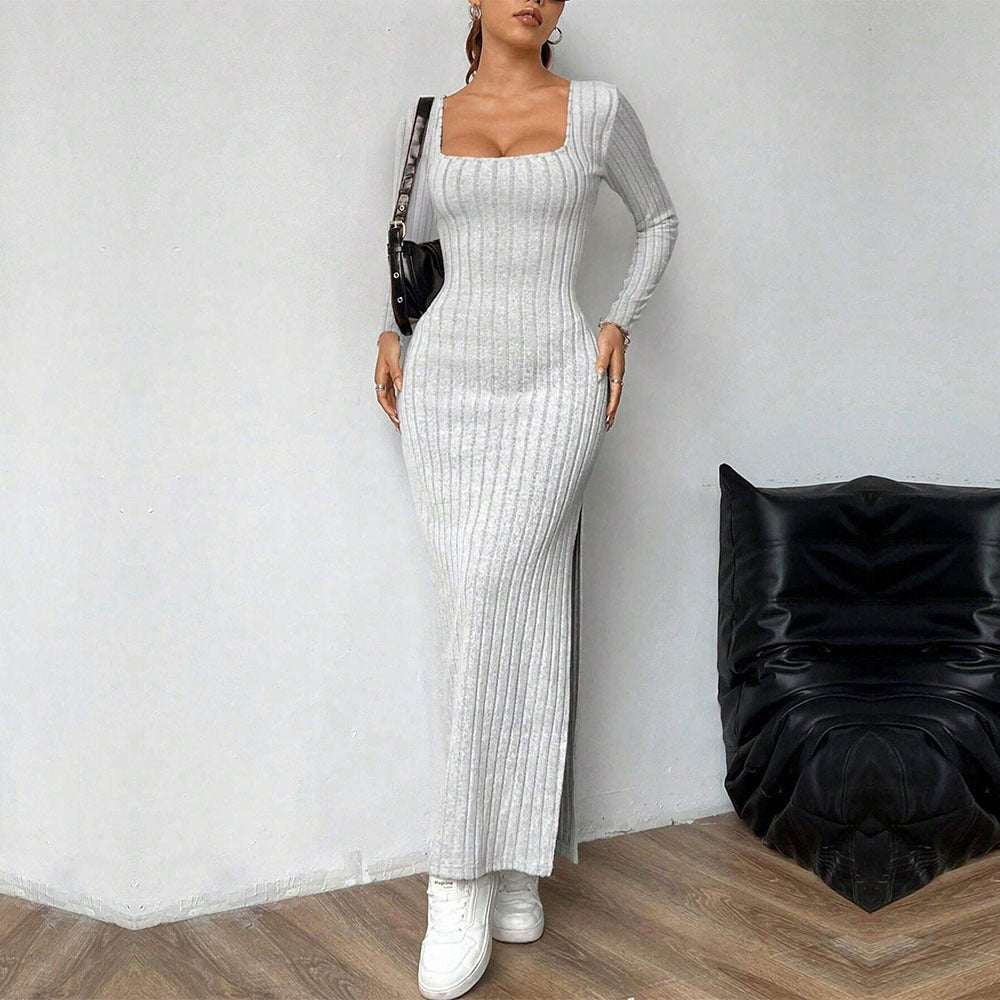 Damen figurbetontes geripptes Maxikleid mit quadratischem Ausschnitt und seitlichem Beinschlitz Shop Nory