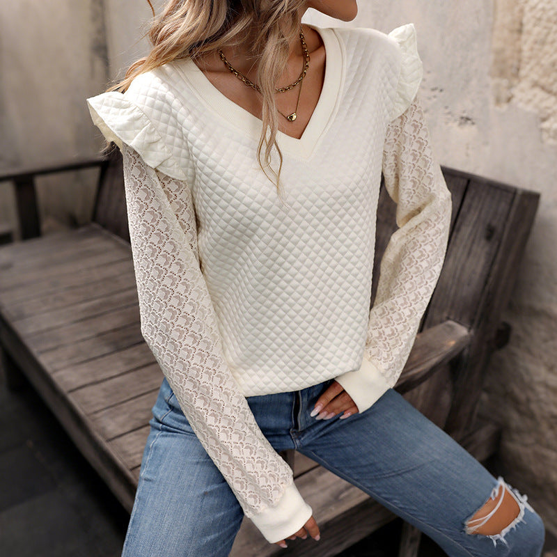 Damen Stepppullover mit V-Ausschnitt und Spitzenärmeln Shop Nory