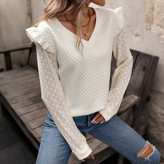 Damen Stepppullover mit V-Ausschnitt und Spitzenärmeln Shop Nory