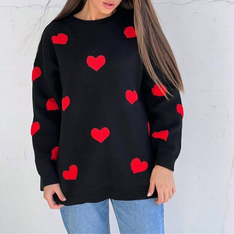 Damen Oversize-Feinstrickpullover mit Allover-Herzintarsien und überschnittenen Schultern Shop Nory