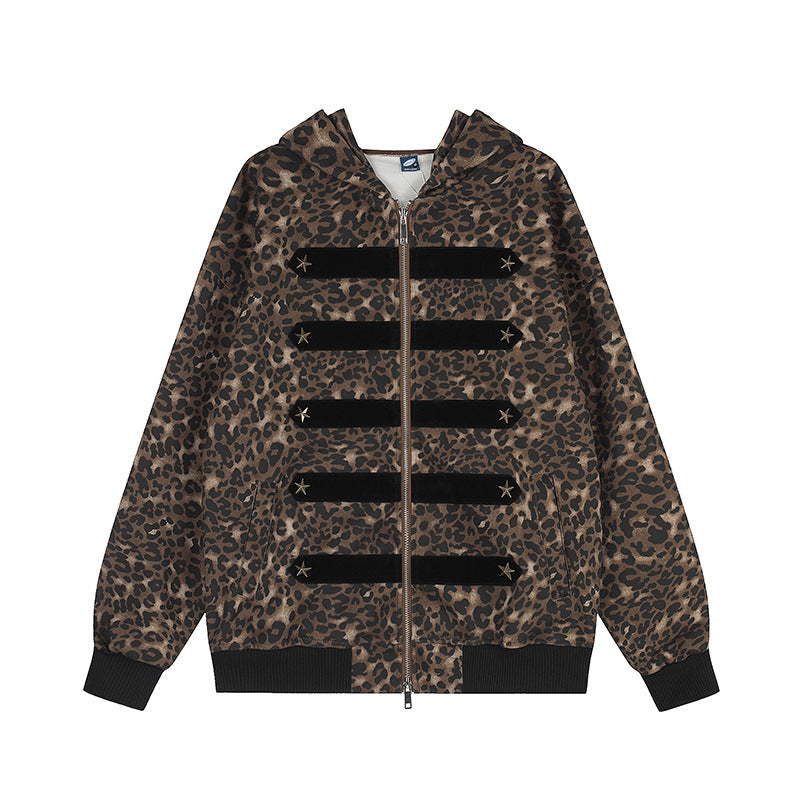 Damen Kapuzen-Sweatjacke mit Leopardenmuster, Veloursleisten und Sternnieten Shop Nory