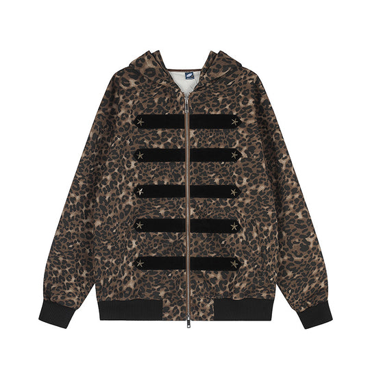 Damen Kapuzen-Sweatjacke mit Leopardenmuster, Veloursleisten und Sternnieten Shop Nory