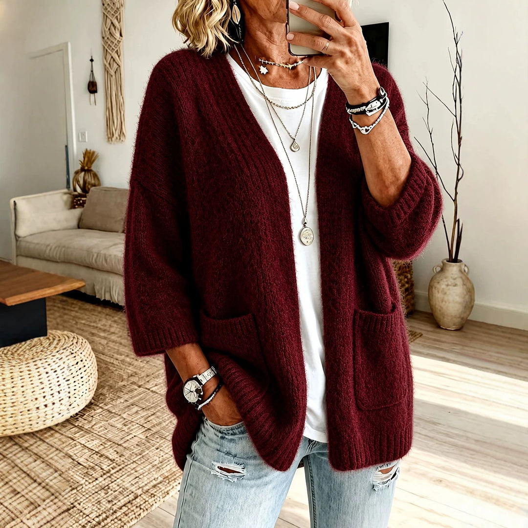 Damen Offener Longcardigan im Mohair-Look mit aufgesetzten Taschen und überschnittener Schulter Shop Nory