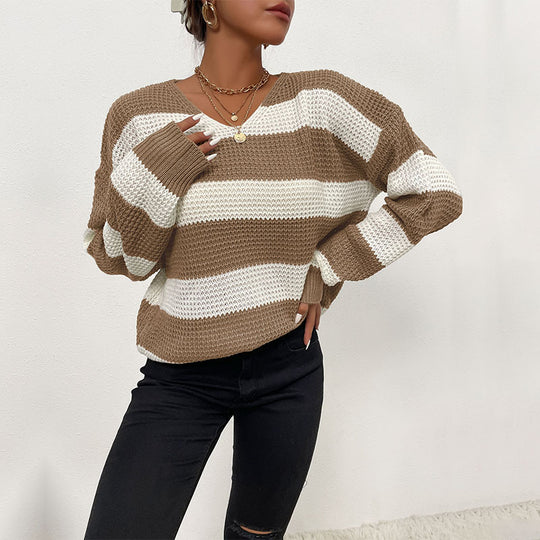 Damen Gestreifter Strickpullover mit V‑Ausschnitt und lässiger Oversize‑Passform Shop Nory