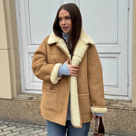 Damen Boxy Lammfell-Optik Mantel mit umgeschlagenem Teddykragen Shop Nory