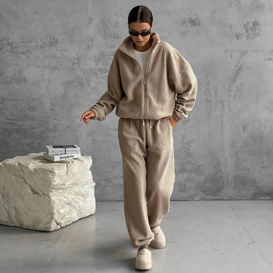Damen Teddy-Fleece-Loungewear Set mit halbem Reißverschluss elastischem Tunnelzugbund und weitem Bein Shop Nory