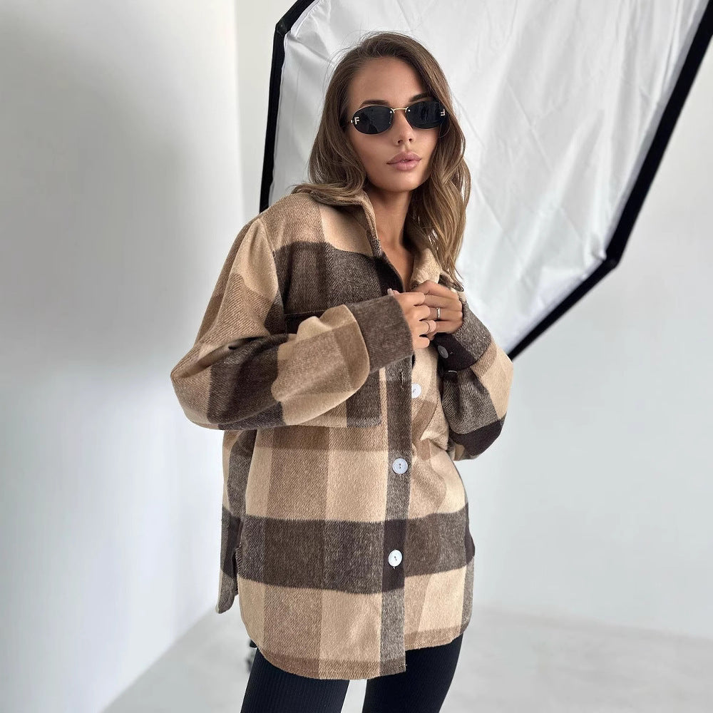 Damen Karierter Overshirt im Shacket-Stil mit Saumtaschen und Knopfverschluss Shop Nory