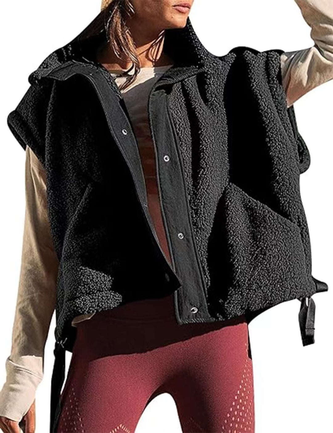 Damen Übergroße Teddyfleece-Weste mit Kapuze und Druckknöpfen Shop Nory