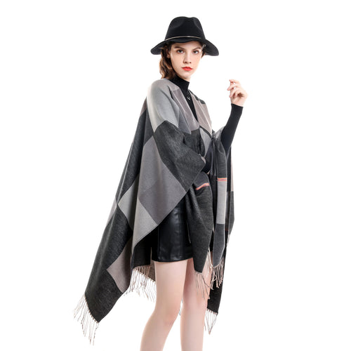 Damen Leichter Webruana mit geometrischem Blockmuster und Fransensaum Shop Nory