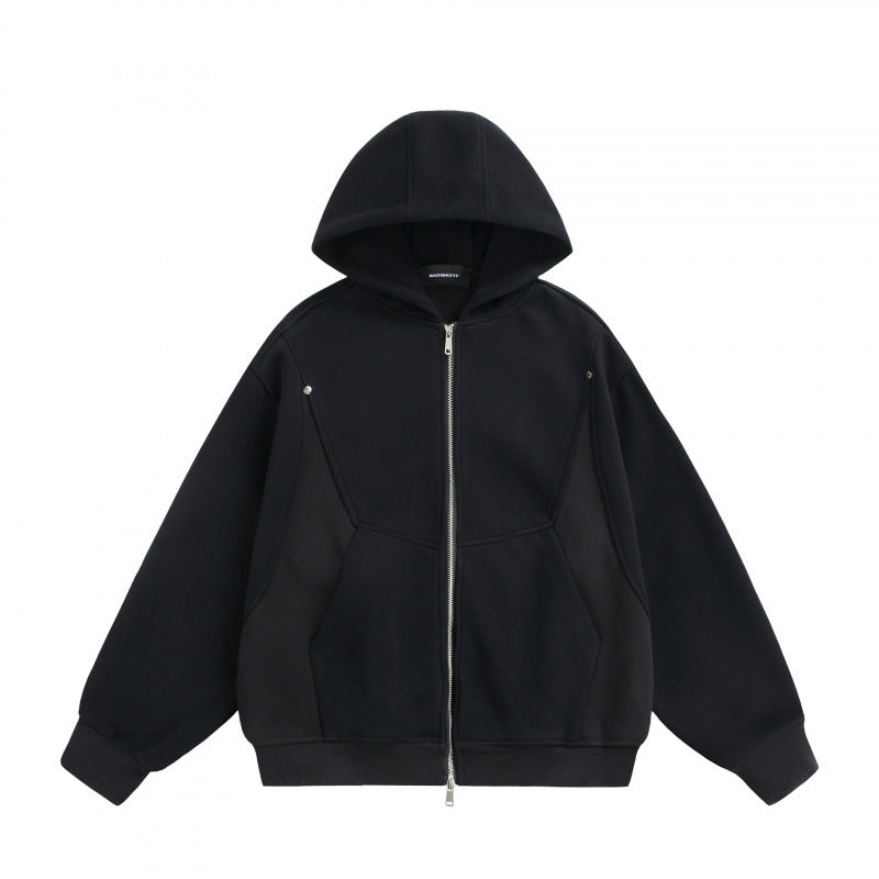 Unisex Boxy-Kapuzenjacke mit Zwei-Wege-Reißverschluss und geometrischen Nahtdetails Shop Nory