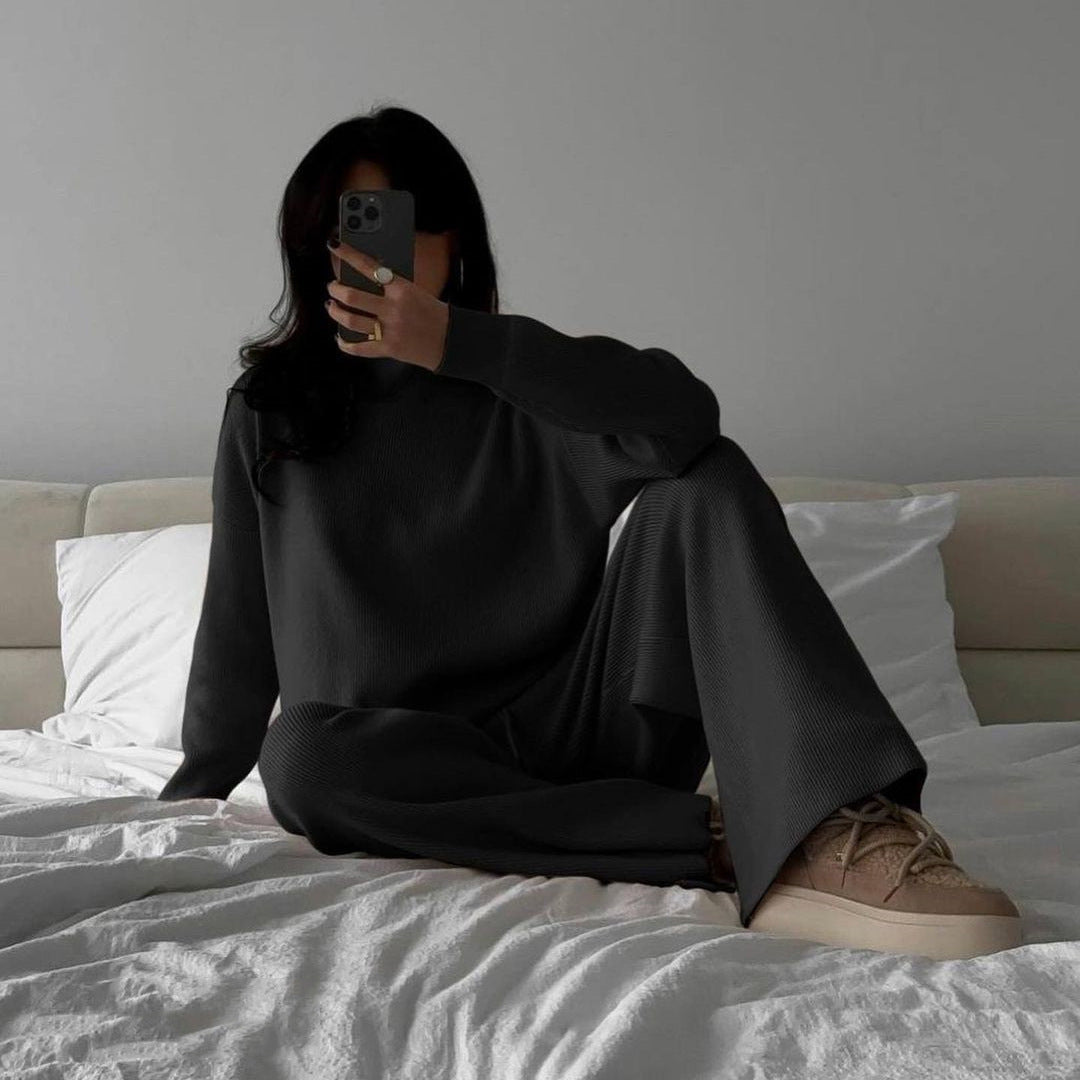 Damen Feiner Rippstrick-Loungewear-Set mit Stehkragen, Seitenschlitzen und hoher Taille Shop Nory