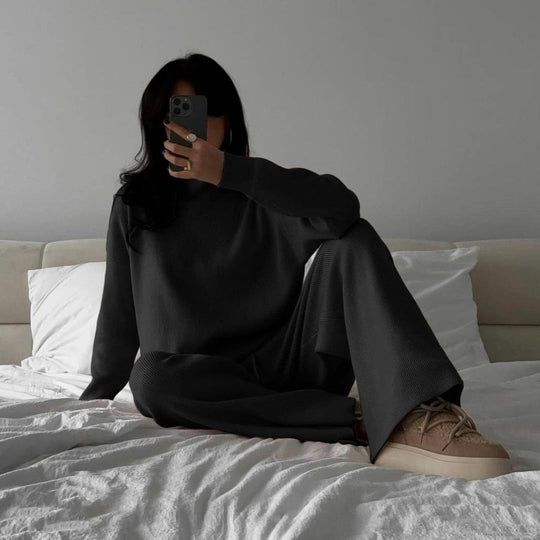 Damen Feiner Rippstrick-Loungewear-Set mit Stehkragen, Seitenschlitzen und hoher Taille Shop Nory