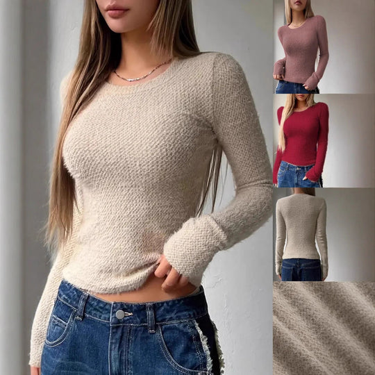 Damen Enganliegendes Flauschiges Feinstrick-Langarmshirt mit Rundhalsausschnitt Shop Nory