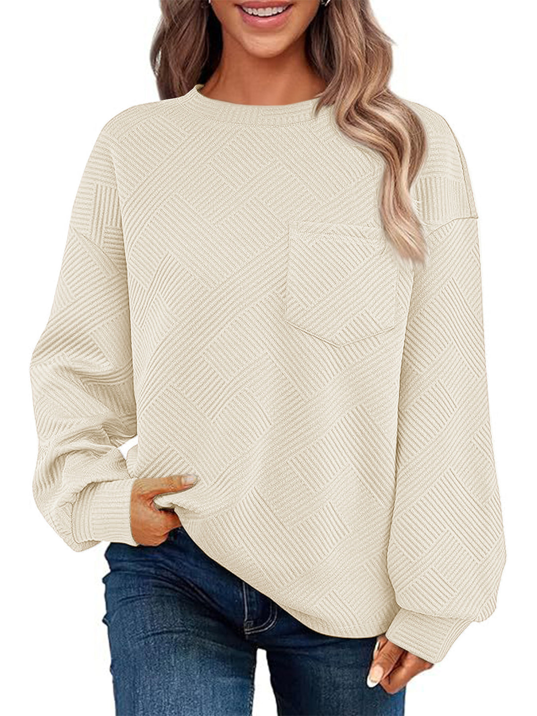 Damen Oversize Strukturstrick-Pullover mit Brusttasche Shop Nory