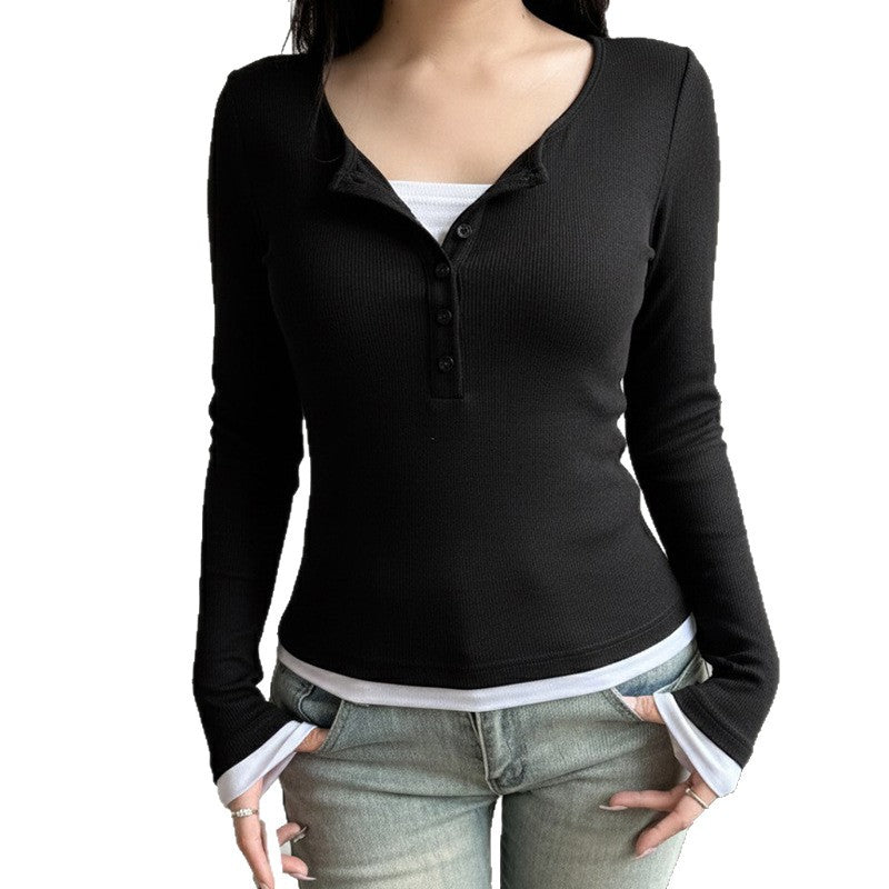 Damen nan tailliertes Henley-Crop-Longsleeve mit kontrastierenden Saum- und Ärmelbündchen Shop Nory
