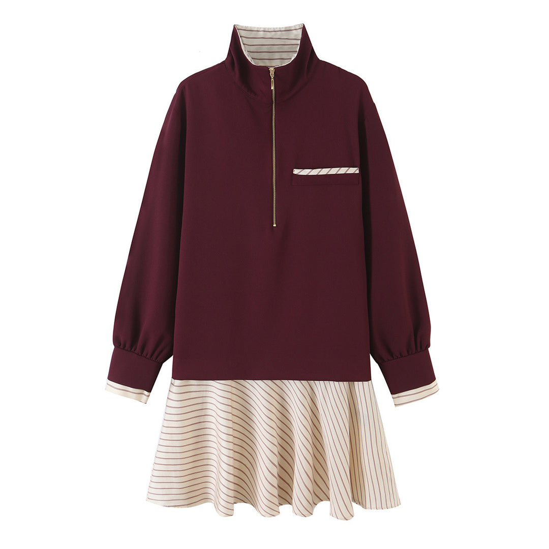 Damen Lässiges Sweatkleid mit Stehkragen, halbem Reißverschluss und gestreiftem Volantrock Shop Nory