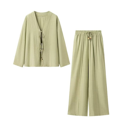 Damen Zweiteiliges Leichtes Lounge-Set mit V‑Ausschnitt, Tunnelzughose und weitem Bein Shop Nory