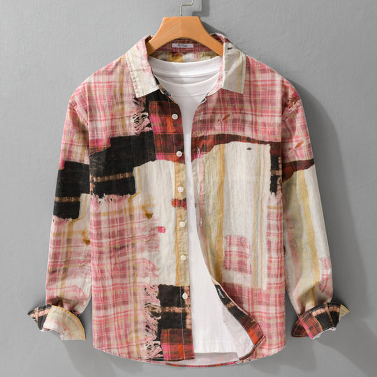 Herren Relaxed Patchwork-Karo Hemdjacke mit ausgefransten Kanten und Crinkle-Finish Shop Nory