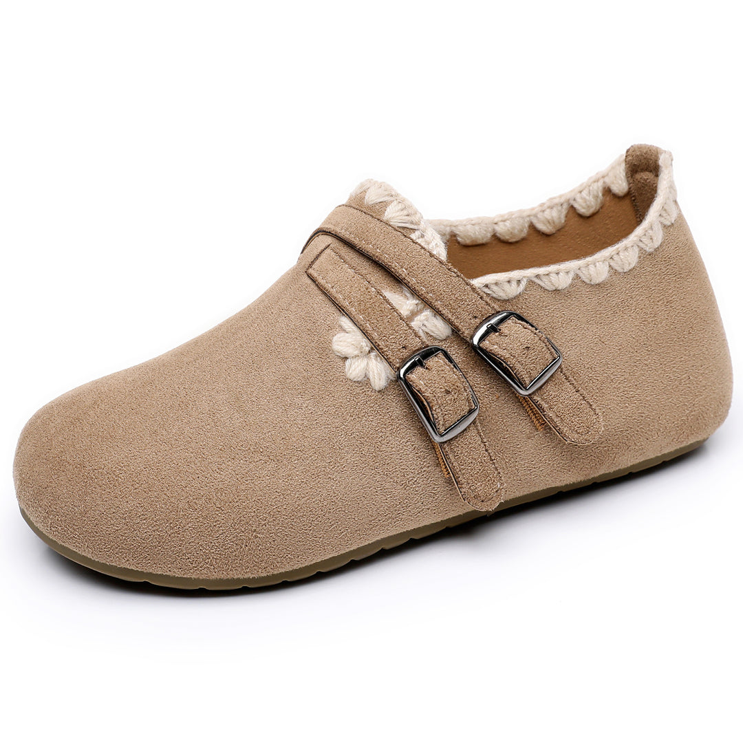 Damen nan Veloursledrige Hausschuh-Mokassin mit dekorativem Häkelrand und verstellbaren Doppelschnallen Shop Nory