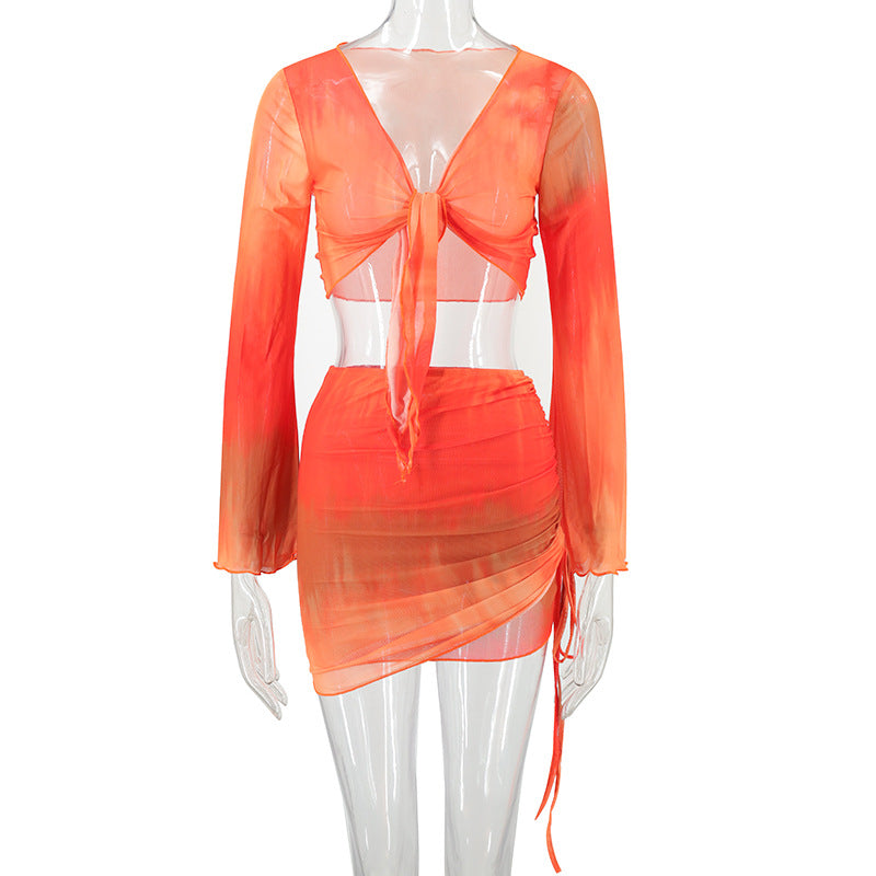Damen lässiges Crop-Top mit asymmetrischem Rock und langen Ärmeln Shopnory