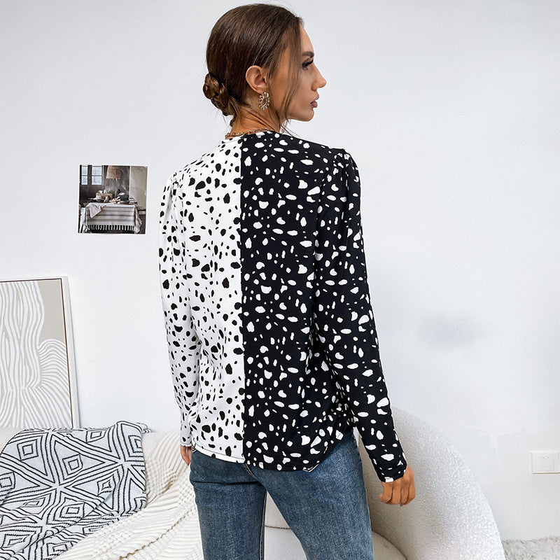 Damen Leichte Langarm-Bluse mit diagonaler Zweifarben-Optik und Tupfenmuster Shop Nory
