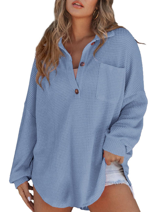 Damen nan oversized Waffelpiqué Hemdbluse mit Brusttasche, Knopfleiste und abgerundetem Saum Shop Nory