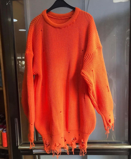 Damen Oversized Strickkleid mit Destroyed-Saum und Ballonärmeln Shop Nory