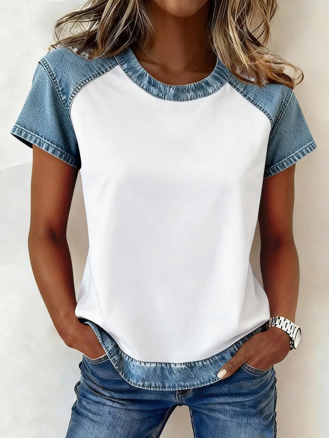Damen Kurzarmshirt mit Jeans-Einsätzen und Teddy-Patchprint Shop Nory