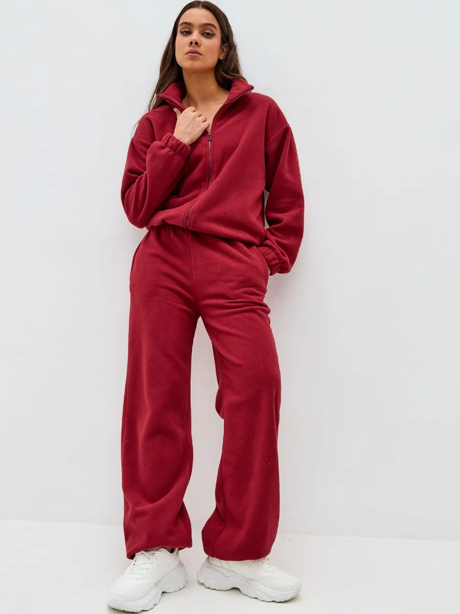 Damen Komfortables Fleece-Loungewear-Set mit kurzem Zip-Top und weiter High-Waist-Hose Shop Nory